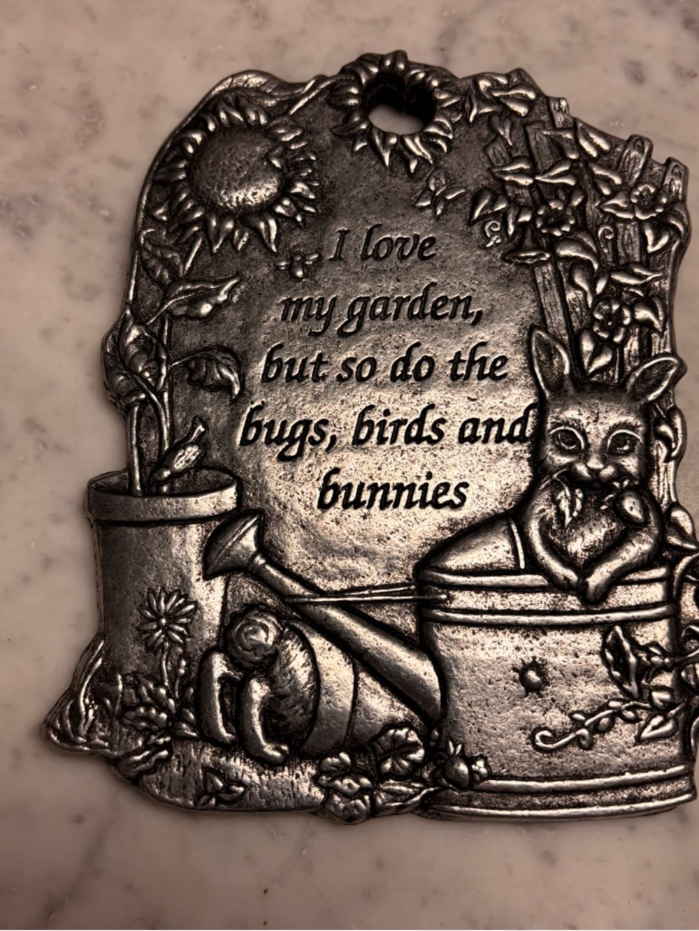 Garden Plaque Wall Hanging - Bunny & Watering Can - Silver Tone